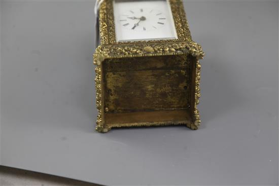 A late 19th century French cast bronze hour repeating carriage clock, height 6in.